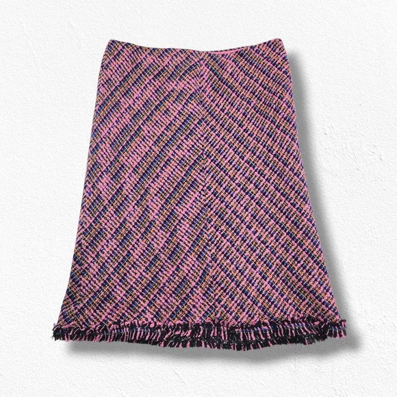 Y2K Pink Tweed Fringe Skirt W.D.N.Y. Silk Blend A-Line Knee Length Skirt Size 8 - Picture 2 of 10